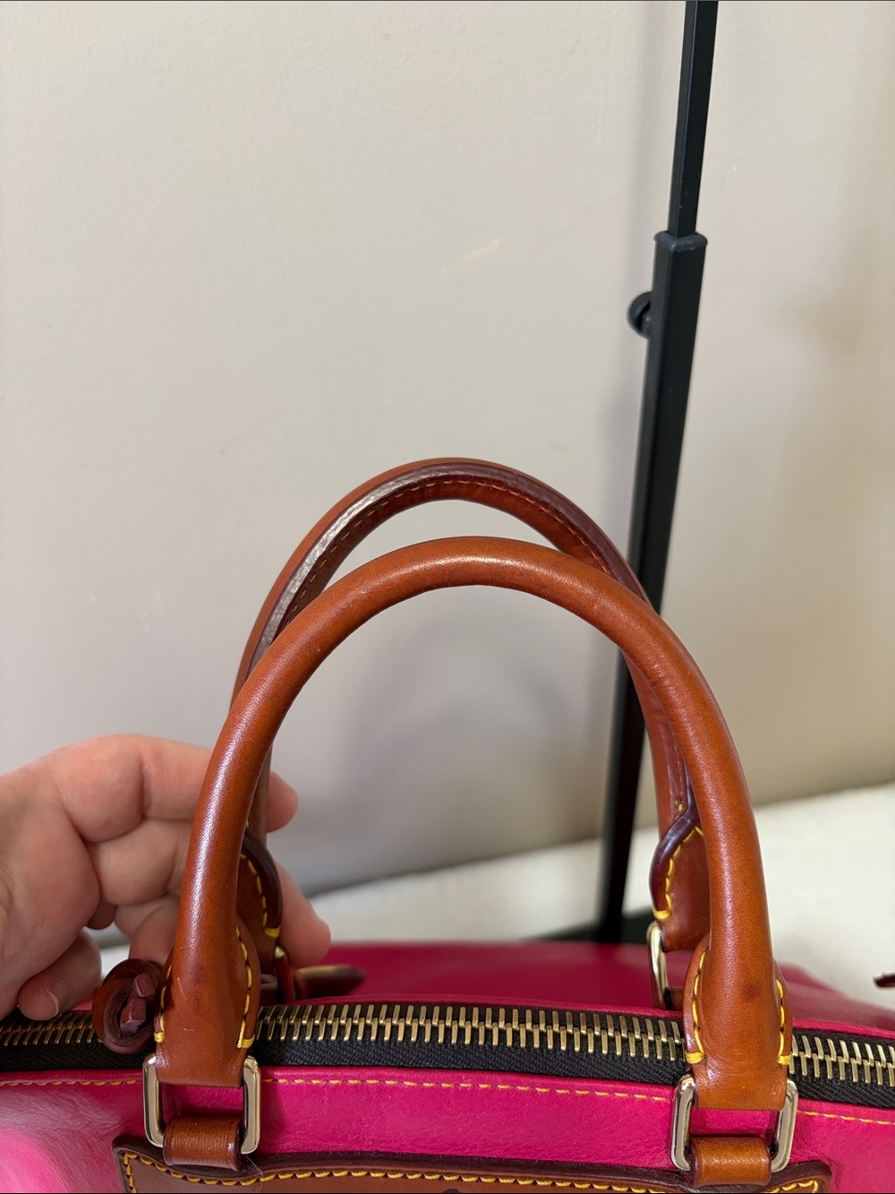 Dooney & Bourke Hot Pink Leather Satchel with Brown Trim - Picture 14 of 16